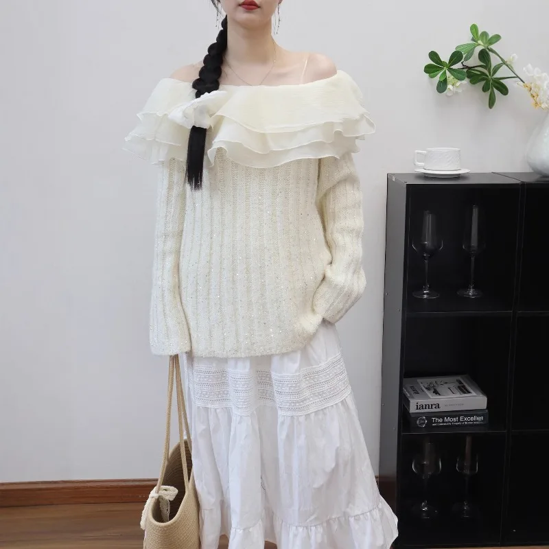 2025 automne/hiver nouveau Style avec corde de tête une épaule à volants haut tricoté paillettes Style doux pull pull fille