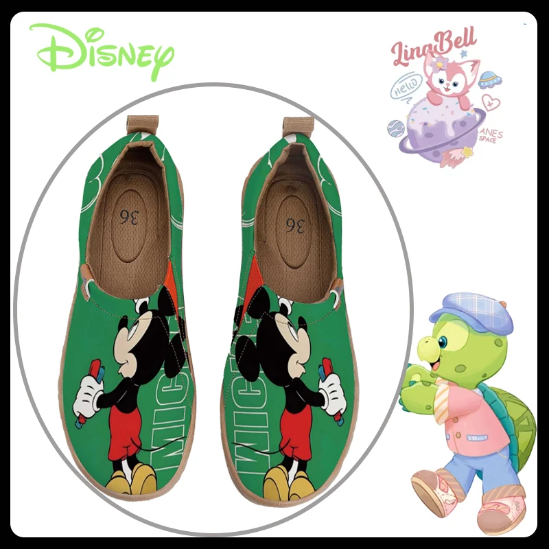 

Official Disney Licensed Mickey Pattern Casual Canvas Shoes, Fresh Green Cartoon Printed Slip-On Shoes, Breathable Lightweight L