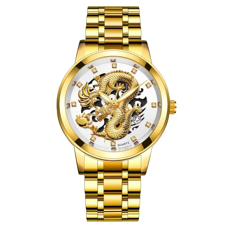 2023 Fashion Gold Dragon Watch Men Luxury Business Casual Watches Stainless Steel Auto Date Quartz Wristwatches Men Montre Homme