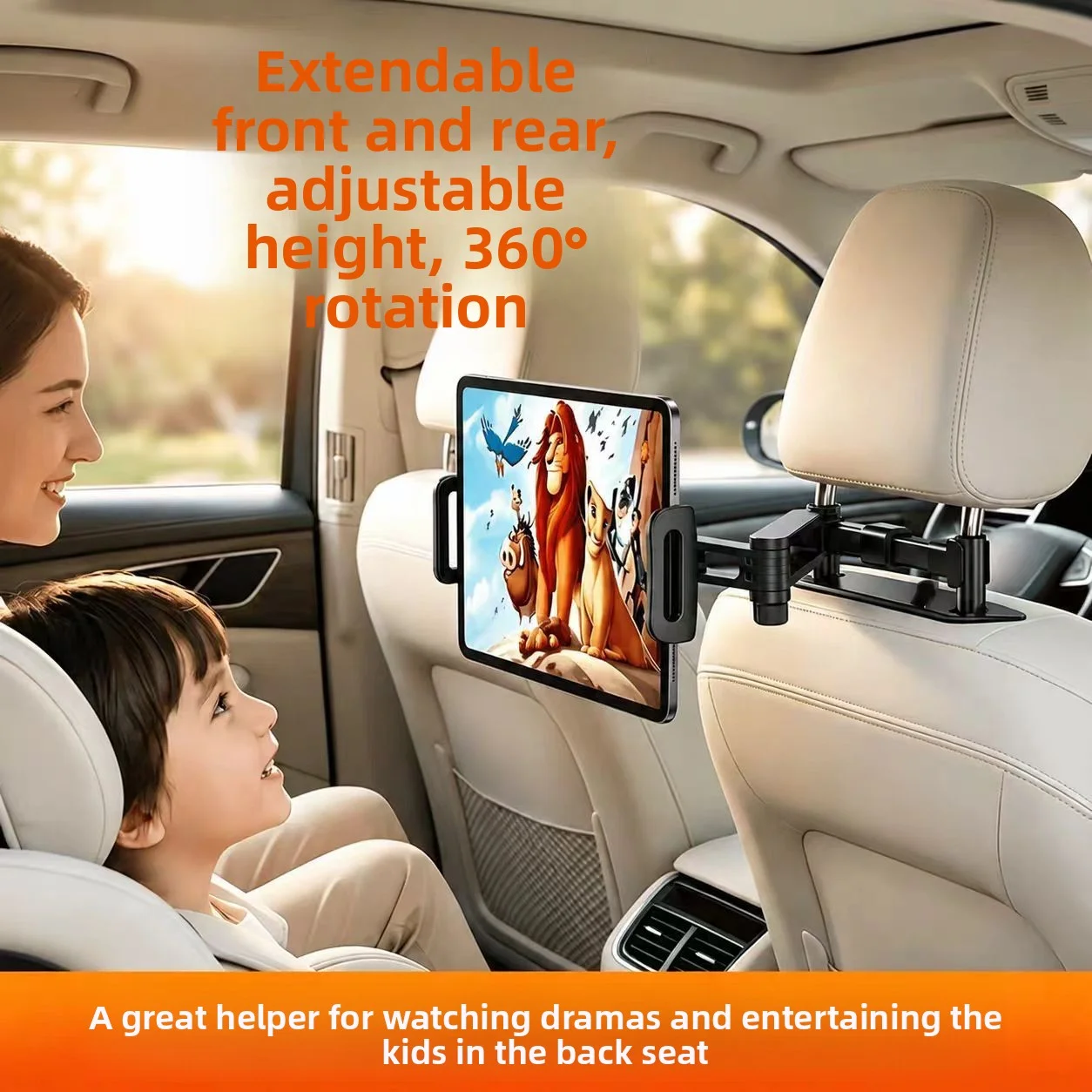 3‑in‑1 Car Headrest Tablet & Phone Holder, Adjustable Retractable Extension Arm Back Seat Mount, Universal for 4.7‑12.9 Inch Devices, Car Travel Accessories