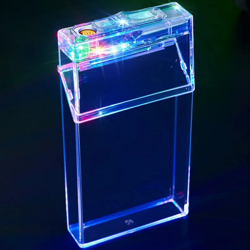 Transparent Colorful Light Cigarette Case Lighter USB Cigarette Lighter 20 Pack Slim Cigarette Case Sealed and Moisture-proof