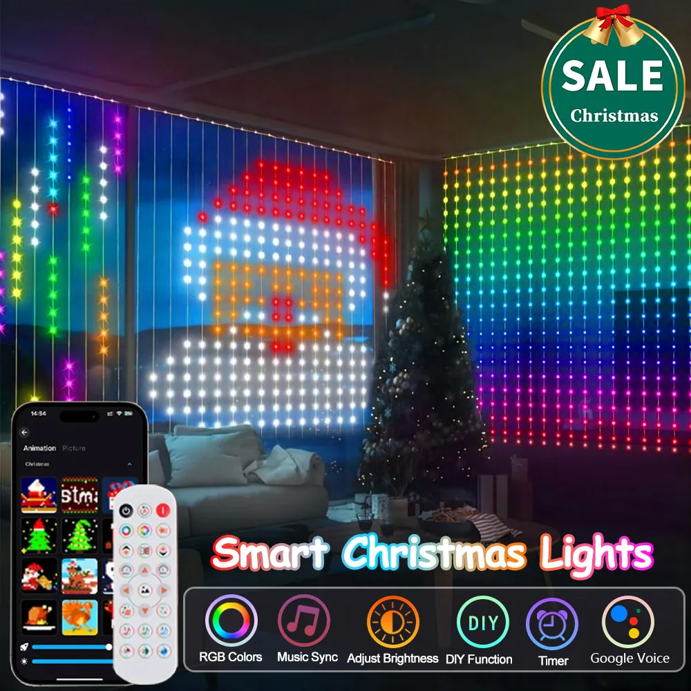 400 LEDs Smart Curtain Lights App Group Control DIY Pattern Christmas Lights IP65 Waterproof for Indoor Outdoor New Year Decor