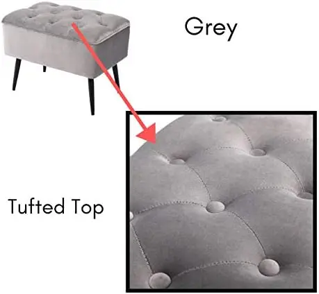 Tufted Rectangle Grey Ottoman \u2013 Velvet Foot Stool \u2013 Mid Century Modern Steel Legs - Soft Compact Padded Stool - Living