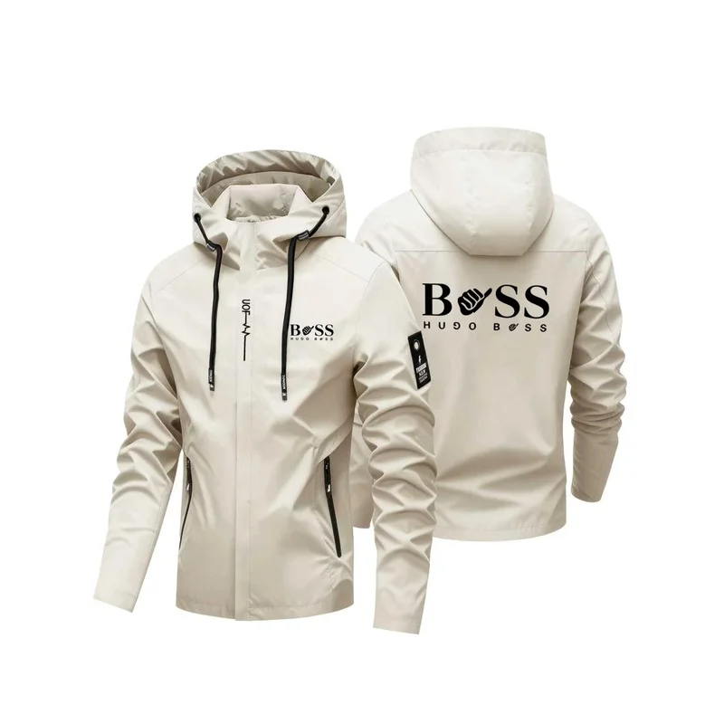 Men Letter Print Hooded Outdoor Jacket  Windproof Zip Up Windbreaker  Casual Outerwear for Hiking & Daily Travel