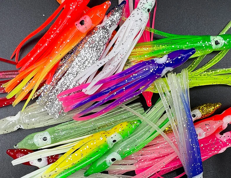 ShareShark 50 Stück/Beutel Leuchtende Oktopus-Röcke in verschiedenen Farben, Trolling-Köder, weicher Tintenfisch-Köder, leuchtende Tintenfisch-Röcke zum Angeln – Detail 10