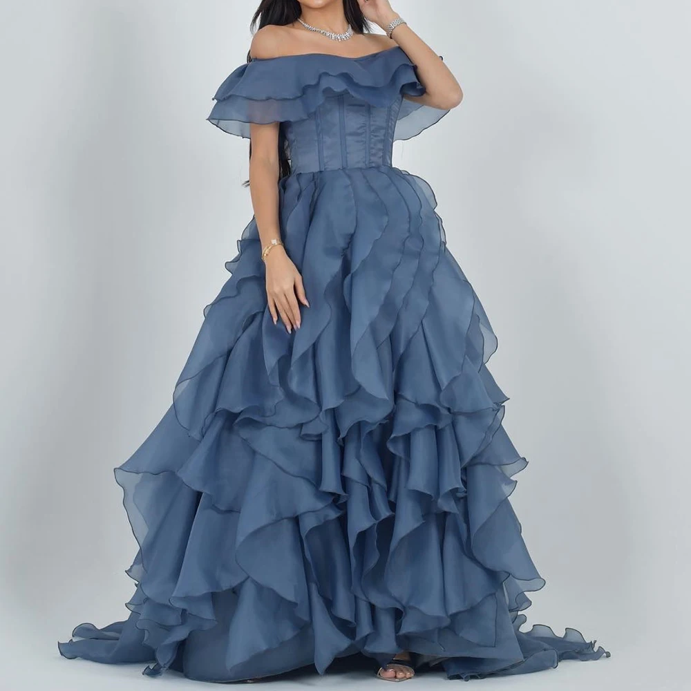 Vestido De noche elegante personalizado De gasa azul con hombros descubiertos, temperamento, cuello barco, corte en A, manga corta, Vestidos De Fiesta