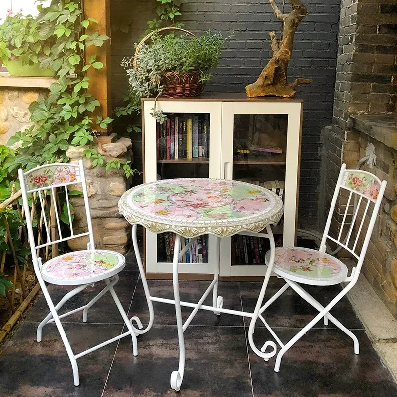 Ceramic Mosaic Outdoor Courtyard European Balcony Sunroom Leisure Table and Chair Combination Three Piece Set