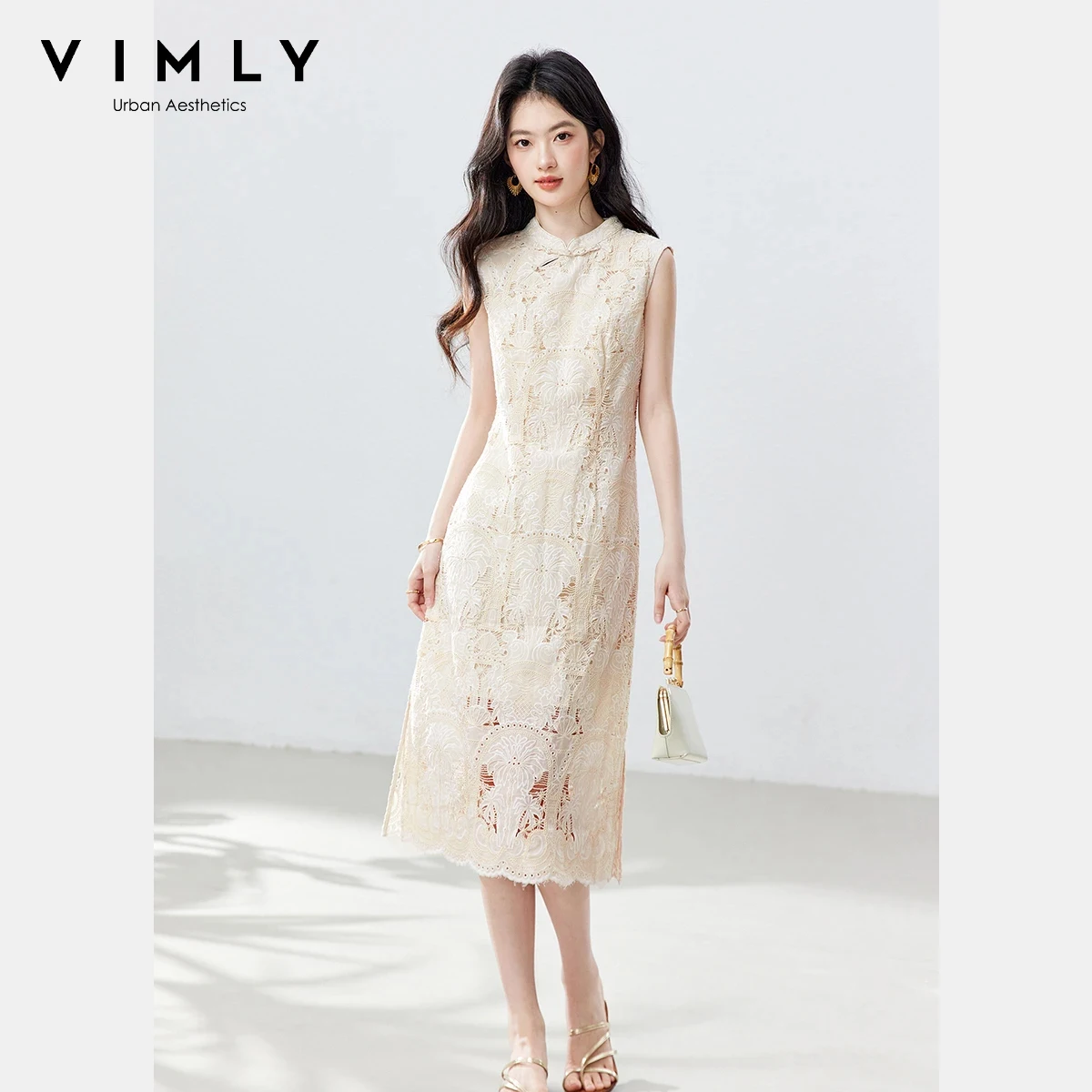 

VIMLY Women's Cut Out Lace Sleeveless Midi Dress 2026 Summer Mandarin Collar Asymmetrical Front Frog Button Straight Dress A6262