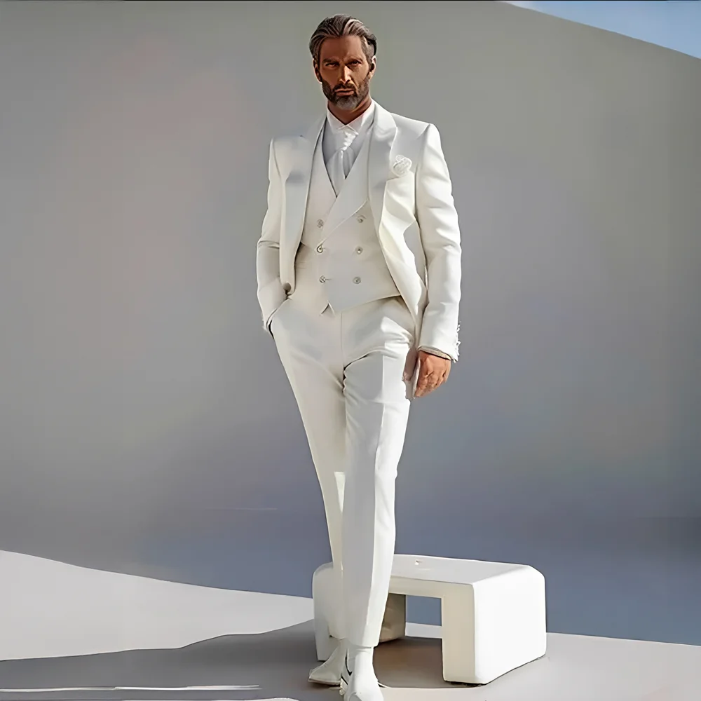 

Men's Fashion Suits Train Jacket Vest Pant 3 Pieces Formal Ivory Wedding Groom Tuxedo Custom Outfit