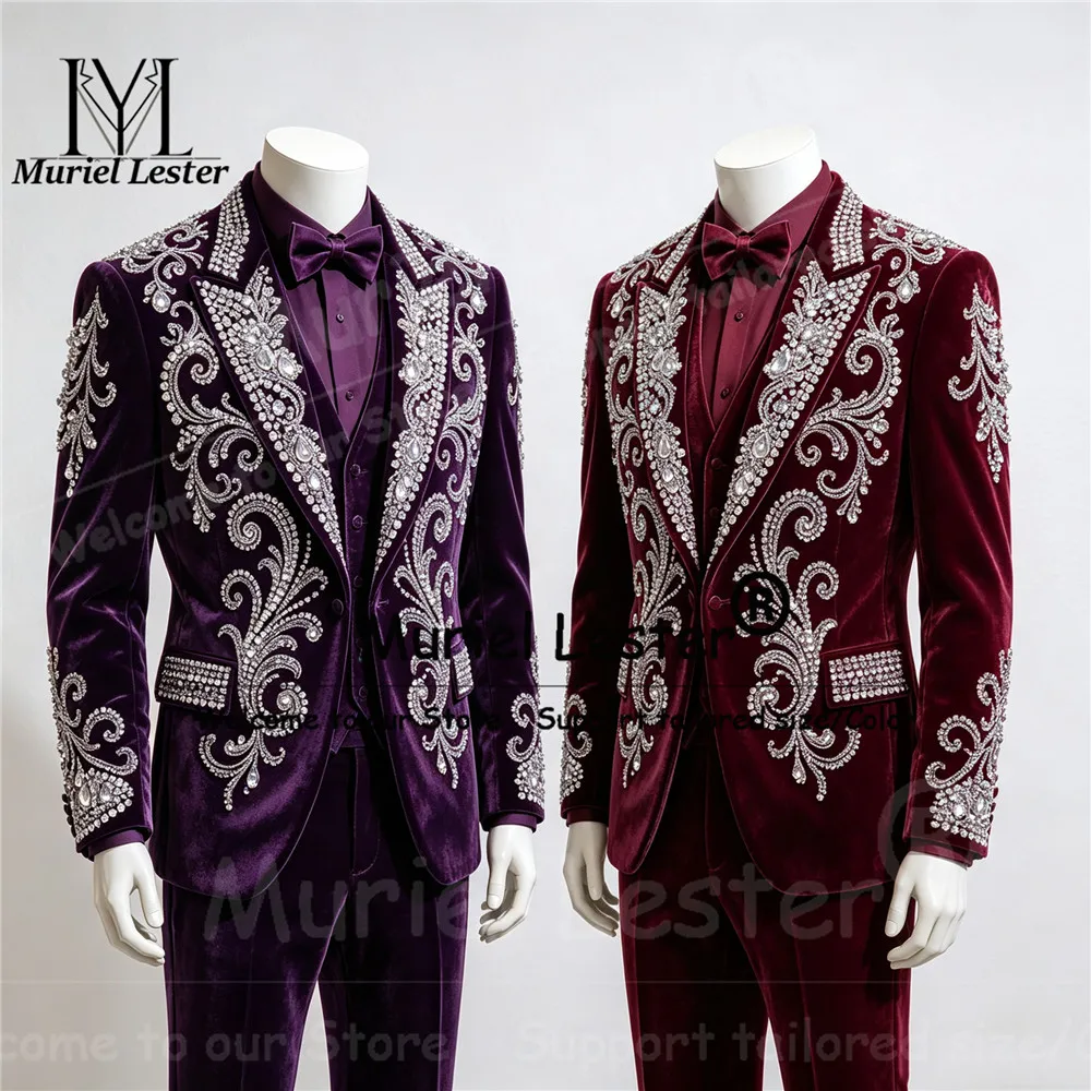 Luxury Wedding Suits For Men Slim Fit Beadwork Sequin Stones Velvet Prom Blazer Vest Pants 3 Piece Sets Groom Tuxedo Man Outfits