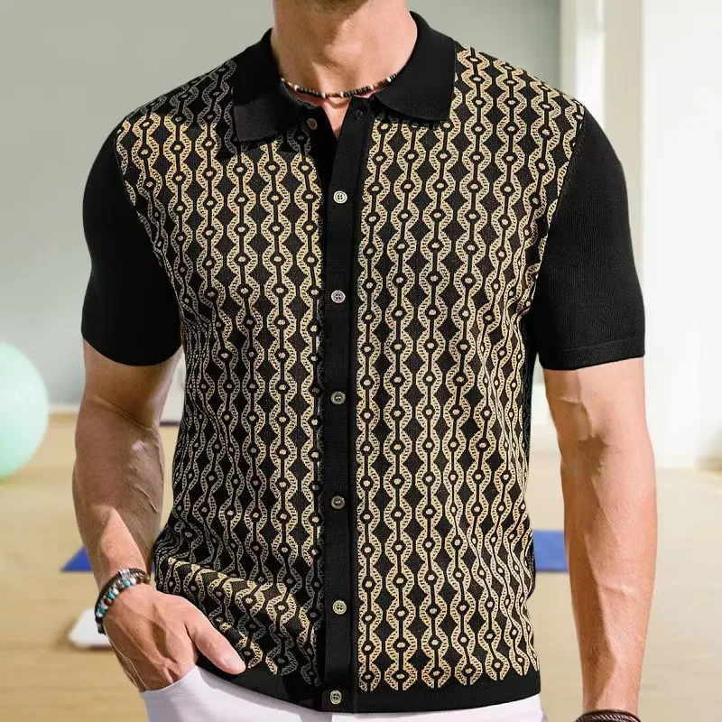 

Summer Men's Luxury Knitted Polo Shirts Short Sleeve Button-down Stripe Printed T-Shirts for Men Vintage Business Knitwear golf