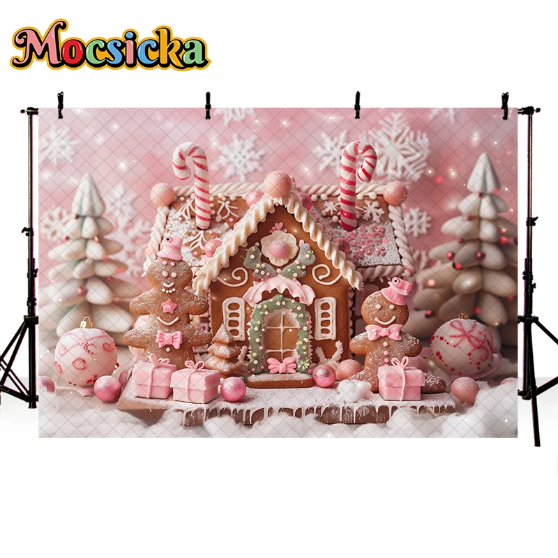 Mocsicka Pink Peppermint Gingerbread House Backdrops Kids Adult Photogrpahy Child Baby Photo Props Winter Christmas Background