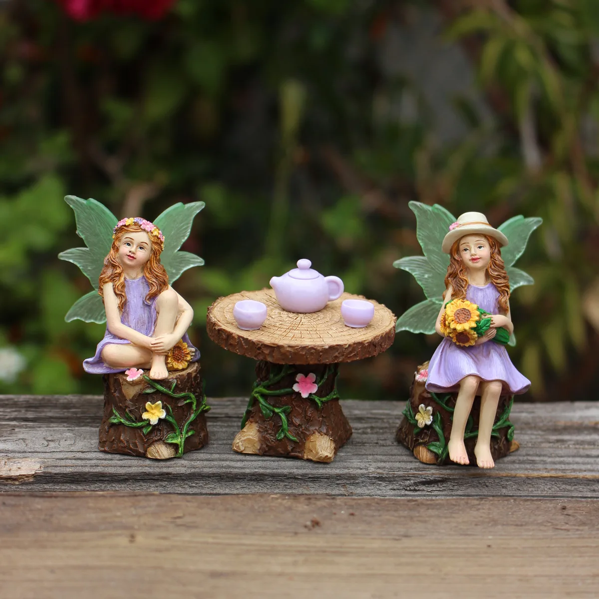 

6pcs/set Country Girl with Tea Set - Resin Garden Decor for Patio & Backyard