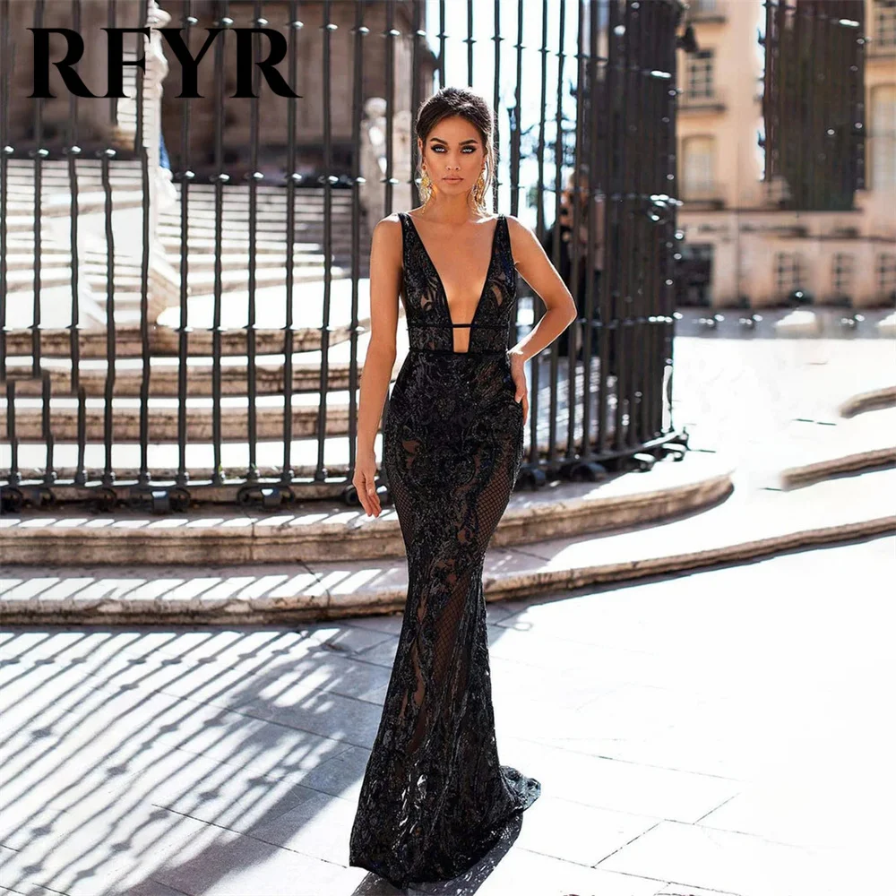 RFYR V Neck Party Dresses Appliques Lace Evening Dresses Black Sexy Prom Dress Backless Sleeveless robes de soirée Customized