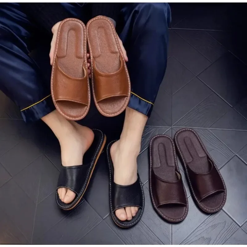 Summer Sandals Genuine Cow Leather Slippers Homes in Indoor Slipper Summer Open Toe Sandals Men Women Elderly Casual Slides Shoe