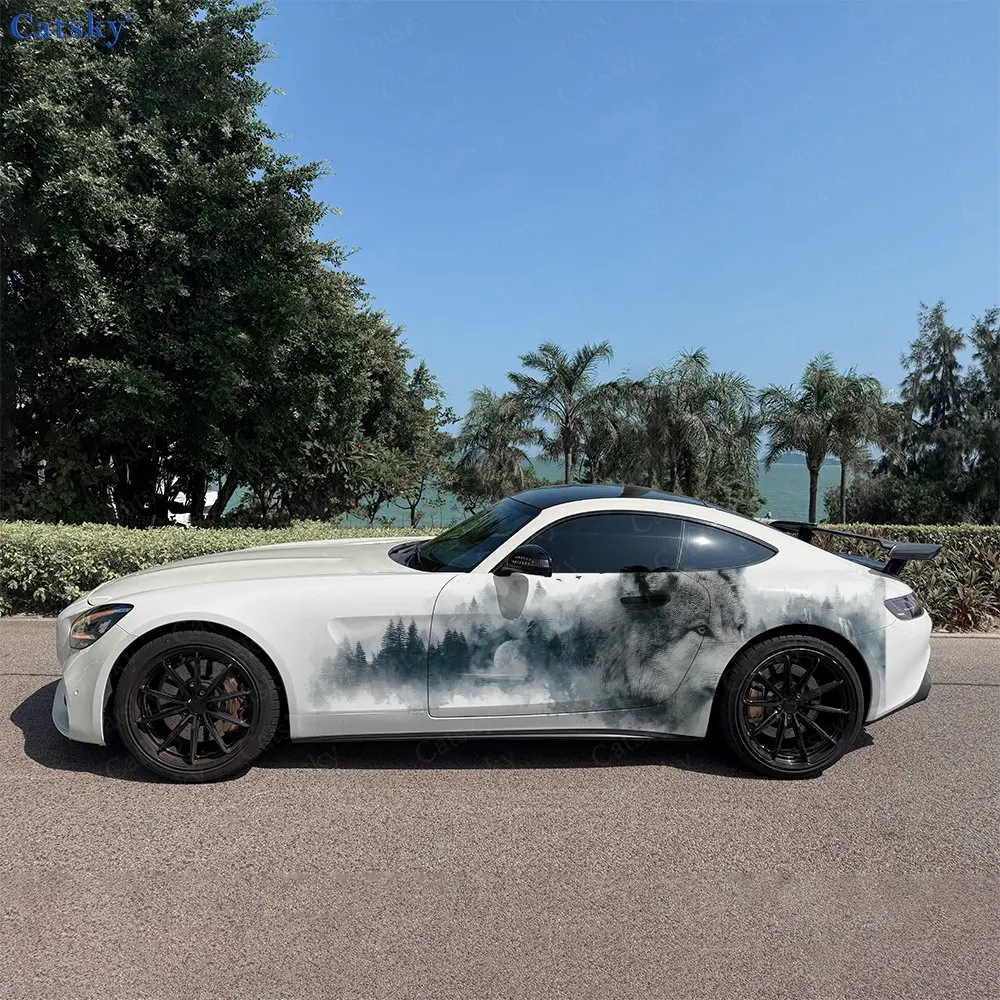 

2pcs Forest Grey Wolf Pattern Car Side Wraps, Self-Adhesive PVC Waterproof & Scratch-Resistant Stickers, Car Accessory Gift