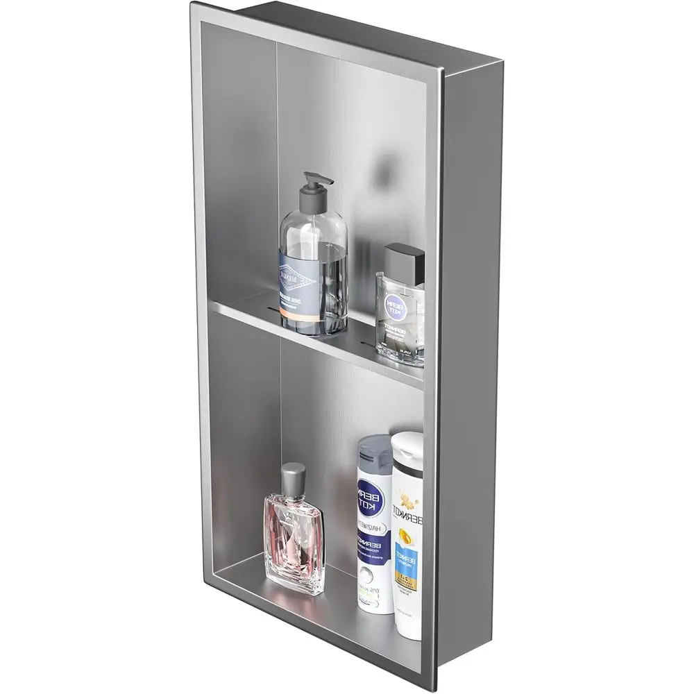 24 x 12 Brushed Stainless Steel Shower Shelf, No Tile Required, Double-Tiered, Wall-Mounted Bathroom Storage