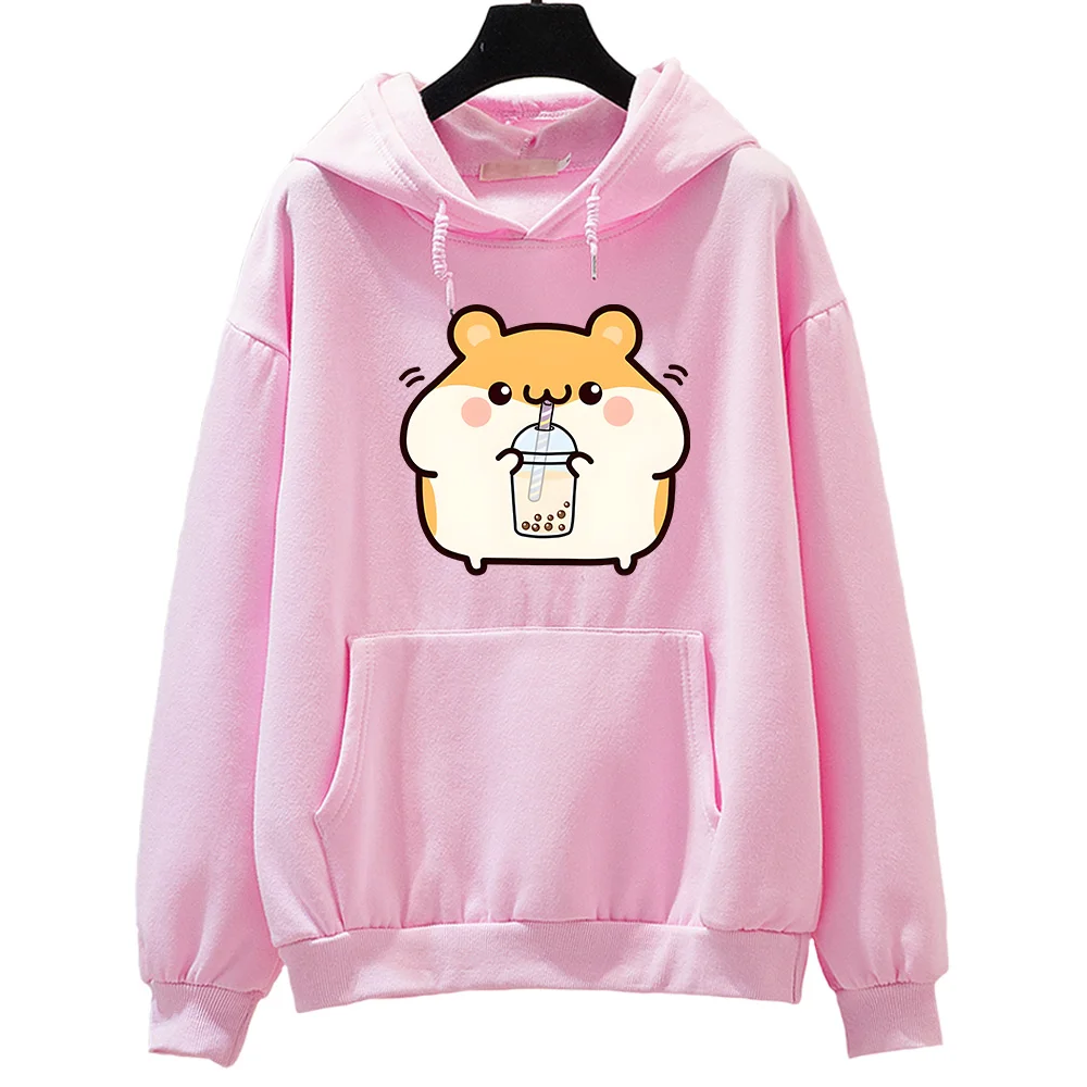Boba Tea Hamster Felpa carina Felpa con cappuccio grafica cartoon femminile Tuta casual con cappuccio Abbigliamento invernale da donna pullover