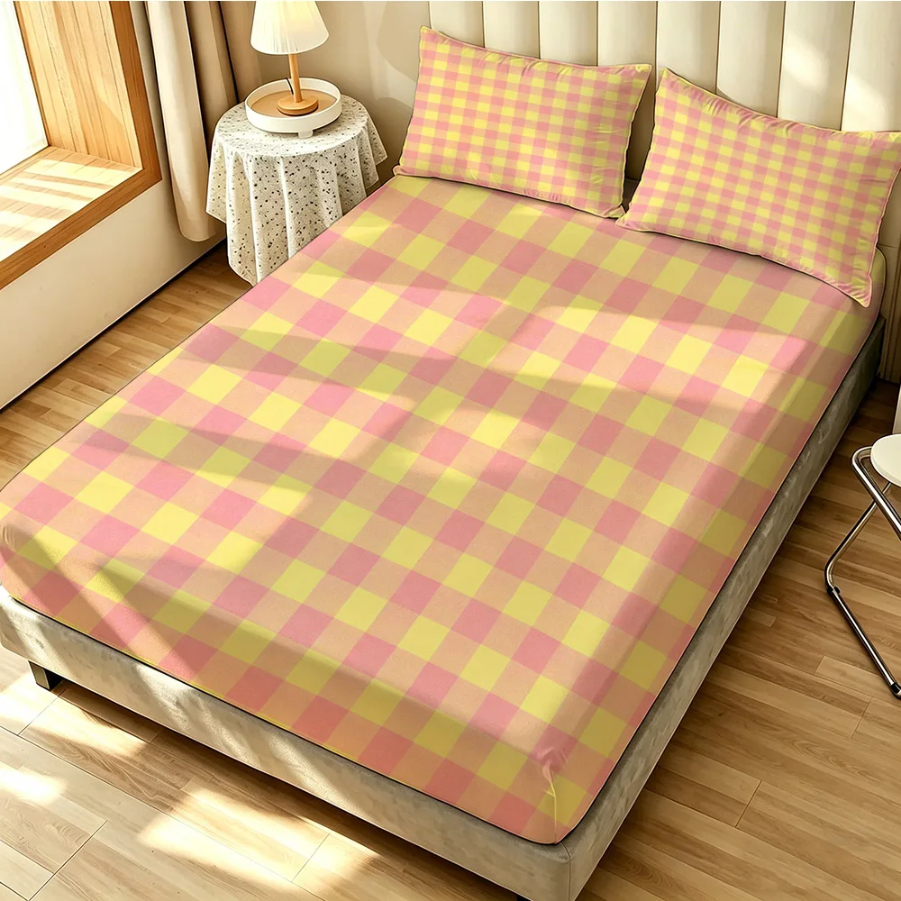 3pcs 90g polyester bedspreads with pink and yellow plaid patterns featuring a soft and comfortable background design
