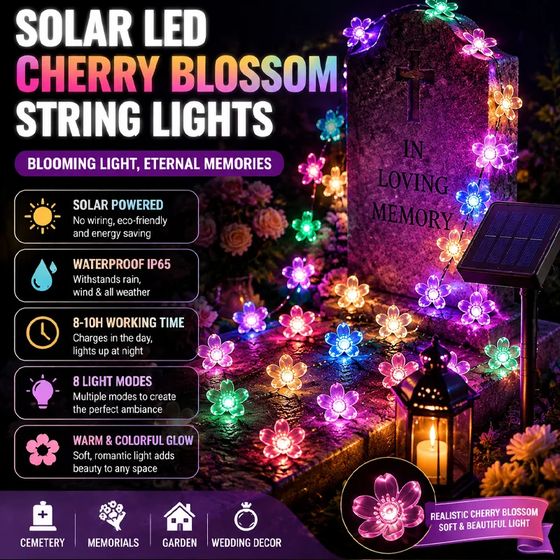 Solar LED Cherry Blossom String Lights for Garden Camping Lawn Wedding Birthday Party Decor Waterproof Outdoor Fairy Lights