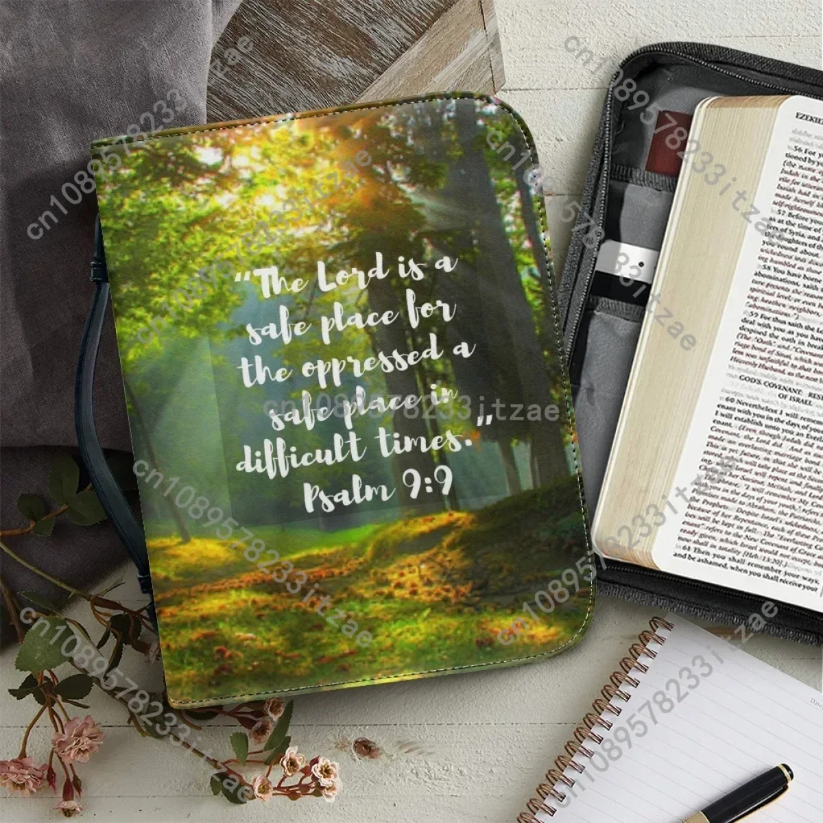 

PU Leather Bible Bag for Women Christian Bible Hymns Nature Prints Bible Storage Bags Zippered Handle Handbags Cover Case