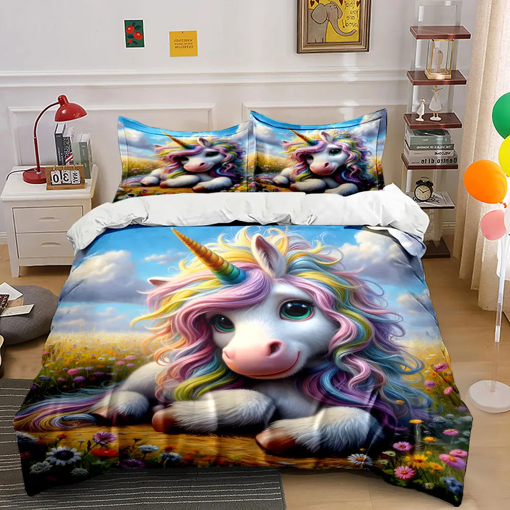 Rainbow Unicorn in Flower Field Bedding Set for Kids Luxury Gift 3pcs Digital Print Comforter Set Soft Comfortable Breathable