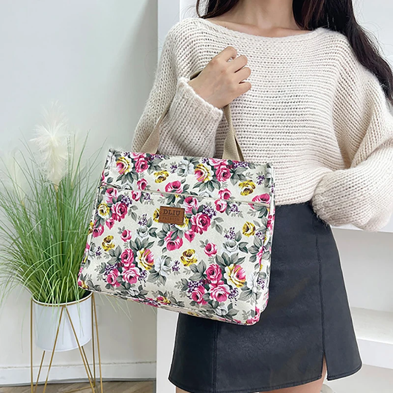 Bolsa de lona de grande capacidade para mulheres, estampa de flores, portátil, ao ar livre, praia, compras, casual, escritório, documento, bolsa, moda