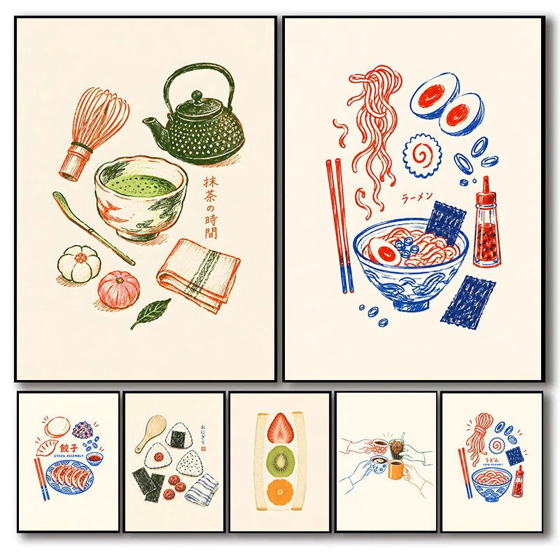 Minimalism Hand-Drawn Japanese Food Poster Fruit Gyoza Matcha Tea Ceremony Prints Canvas Painting Wall Pictures Home Room Decor