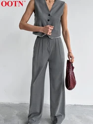 OOTN Casual Woman Suits V Neck Sleeveless Tops Two Piece Sets Female Long Pants 2024 Summer Fashion Button Up Women Outfits