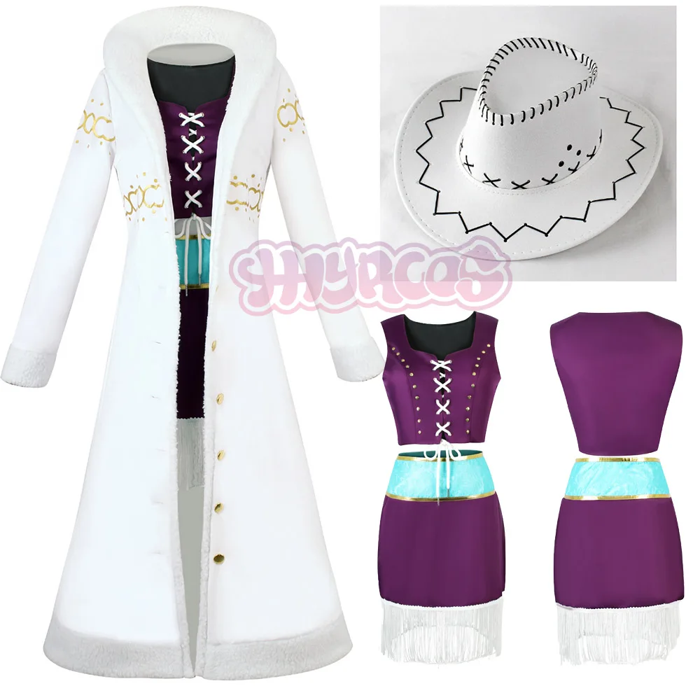 Anime Nico Robin Cosplay Costume Hat Purple Dress Uniform Long Fur Collar White Cloak Punk Outfit Halloween for Adult Halloween