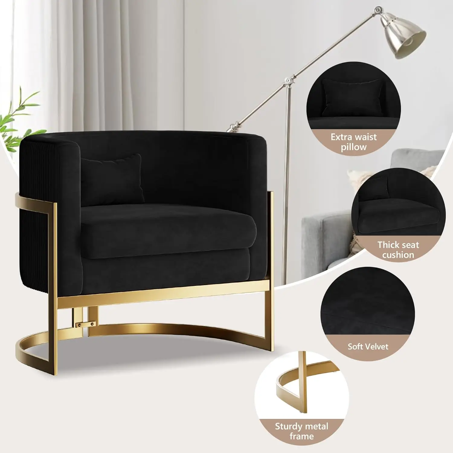 Cadeira de veludo com detalhes dourados, cadeira moderna de barril, cadeiras de braço estofadas para quarto, sala de estar, sofá, cadeiras de clube, pretas