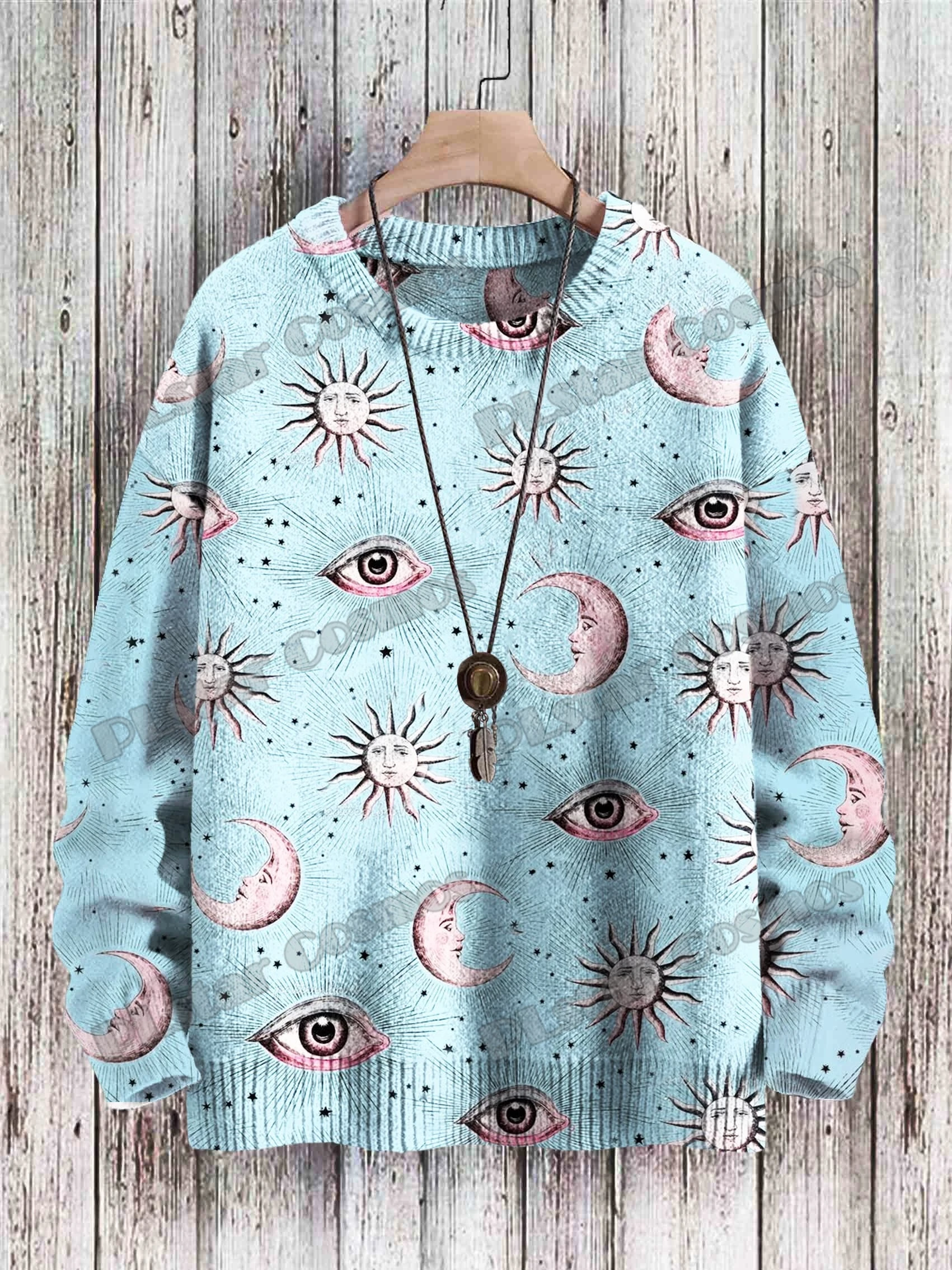 Winter Unisex Casual Knit Pullover Sweater Retro Funny Moon&Sun Art Pattern 3D Printed Crewneck Knitted Sweaters KMY28