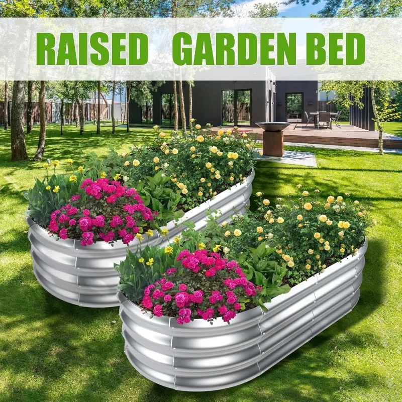 Galvanized Raised Garden Bed Outdoor, 2 Pcs 4x2x1ft Oval Metal Planter Box for Planting Plants Vegetables, Silver