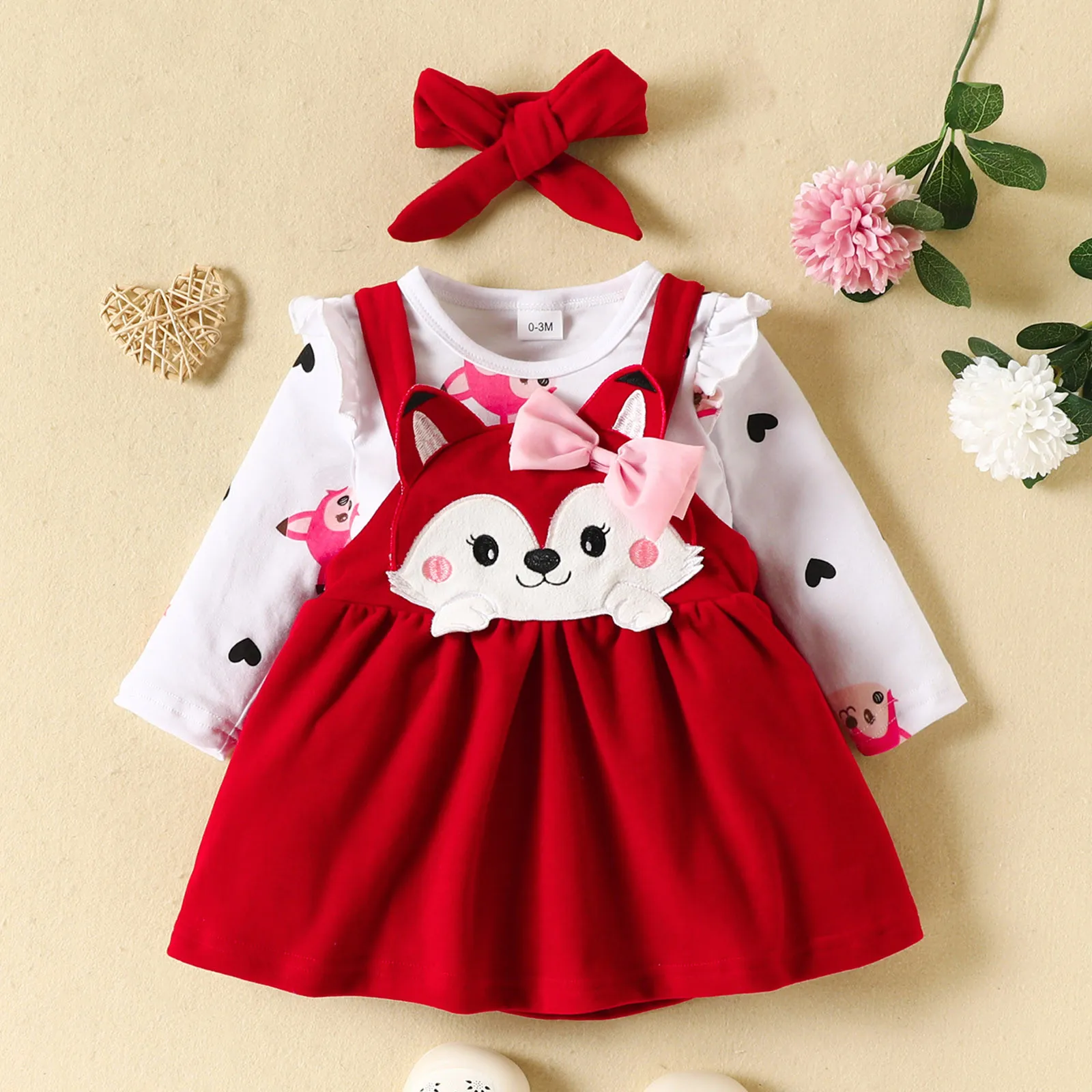 

Infant Toddler Girls Long Sleeve Cartoon Print Romper Bodysuits Suspenders Skirts Bow Tie Headbands Outfits