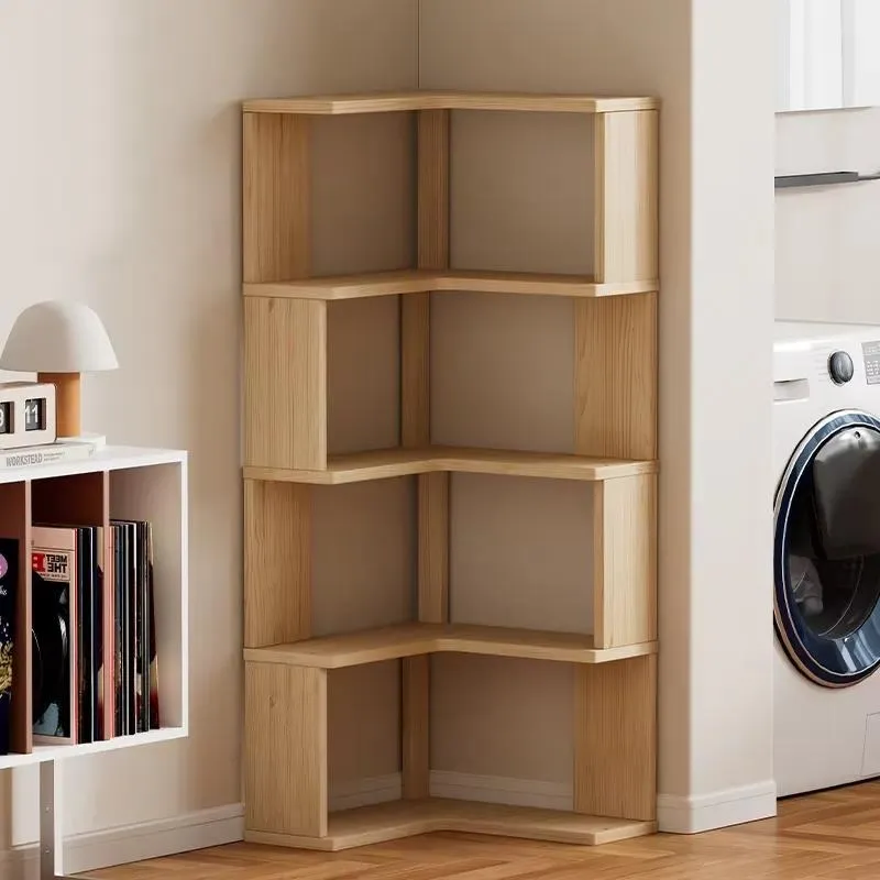 Solid Wood Corner Cabinet Storage Rack 90 Degree Country Style Wall Mounted Bookshelf Floor Shelf for Small Apartment Home
