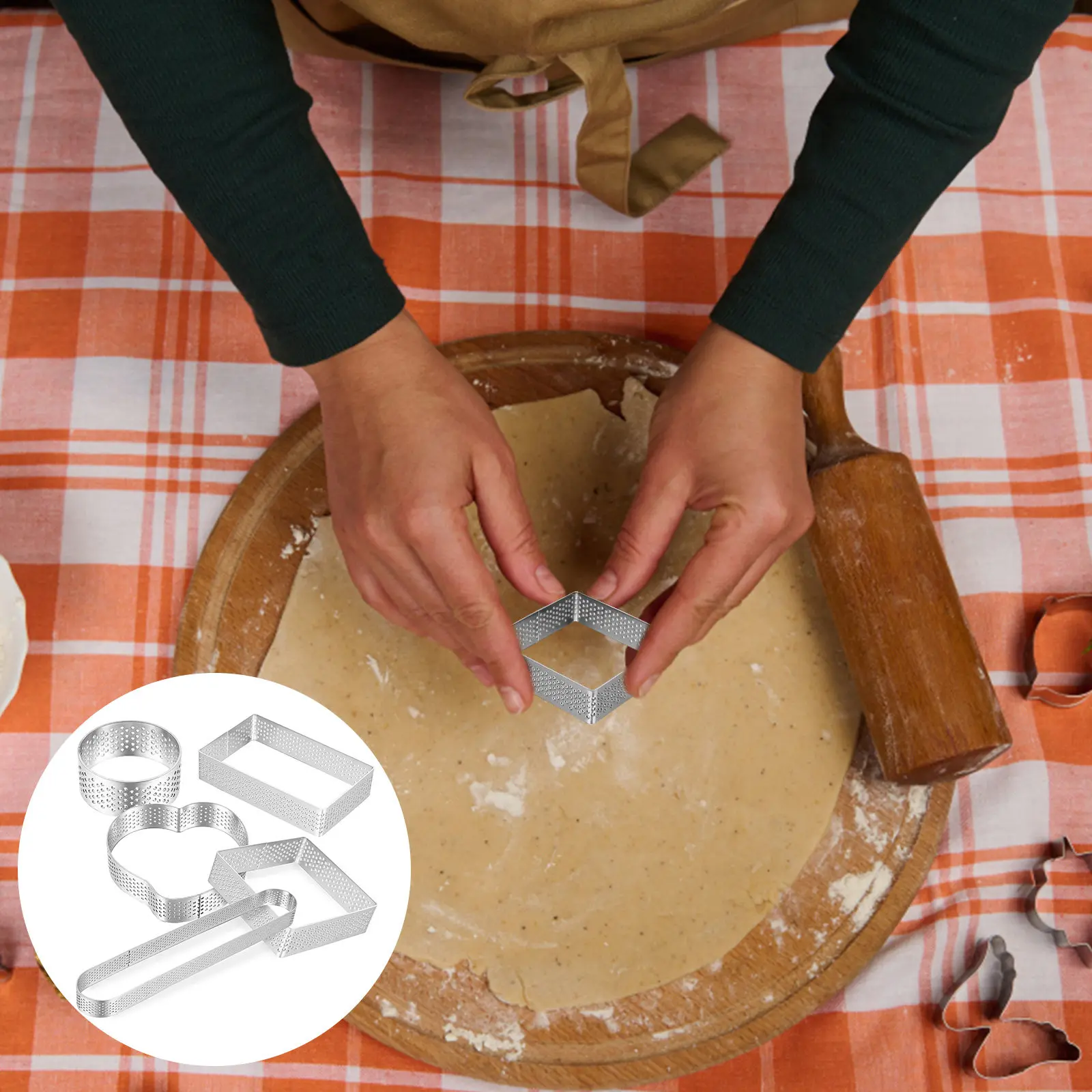 

5Pcs Stainless Steel Perforated Tart Ring Set Round Square Heart Rectangle Oval Baking Mold for Cake Mousse Tart Dessert Tools