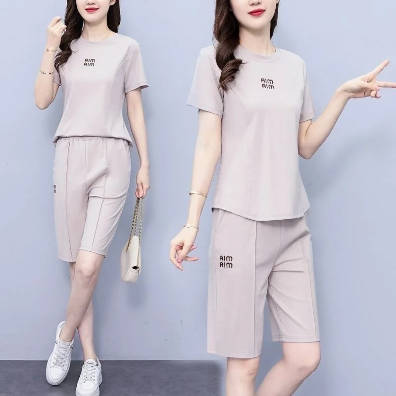 Women\'s Casual Suit 2024 Summer New Fashion Age Reducing Western-style Slim T-Shirt Crop Tops Knee Length Shorts 2 Two Piece Set