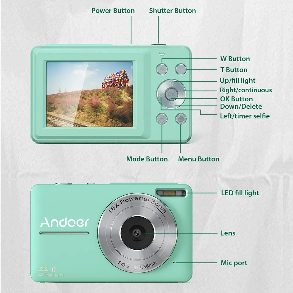 Andoer 1080P Digital Camera  44MP Auto Focus 2.5 IPS Screen 16X Digital Zoom Anti-shake Face Smile Capture Built-in Battery