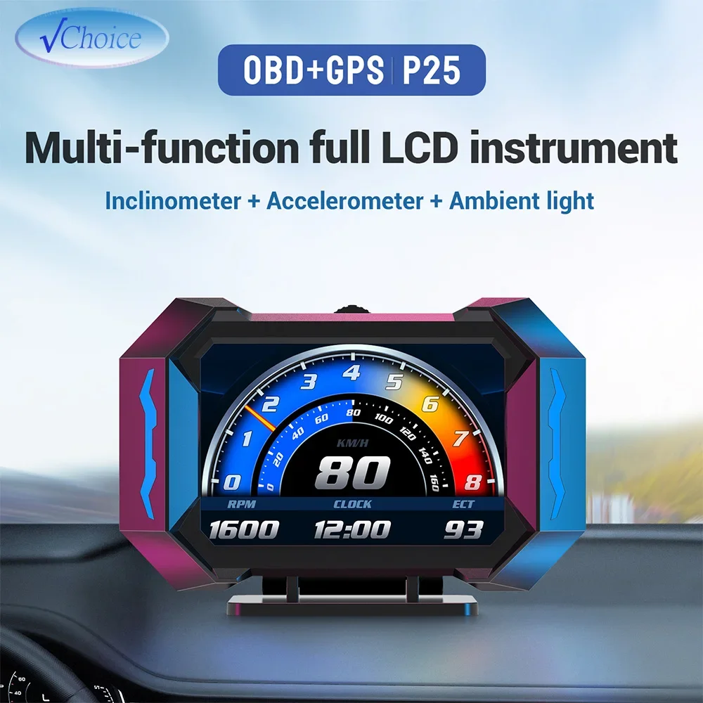 New P25 HUD OBD + GPS Car Head Up Display on Board Computer Speed Water Temp Fuel Slope Meter Multi-function OBD LCD instrument