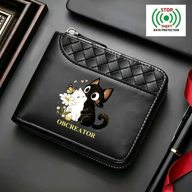 Men's Wallet Coin Purse with Premium Crocodile Texture Synthetic Leather Black White Cat Pattern Elegantly Zipped Card Slot