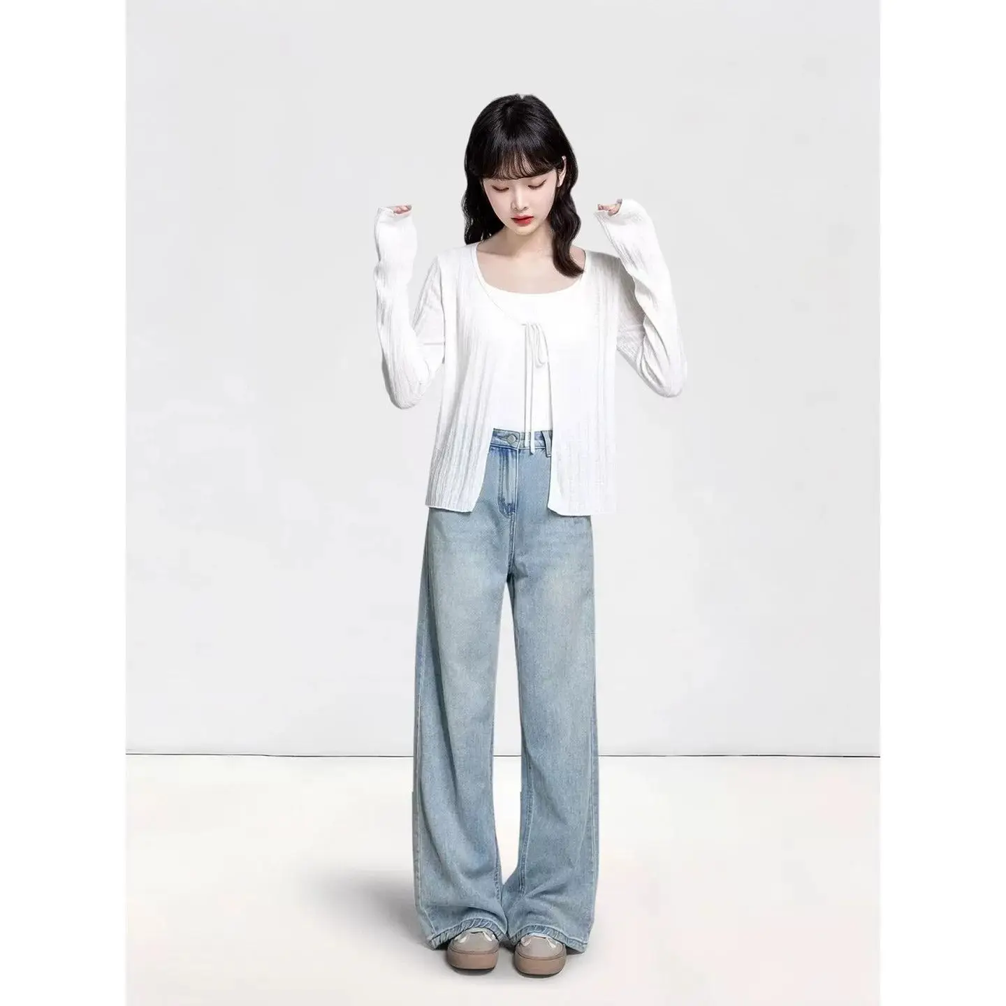 Korean Style Thin Knitted Long Sleeve Women's Cardigan Belted Sunshade Outerwear White Top Breathable Short Length Pure Color