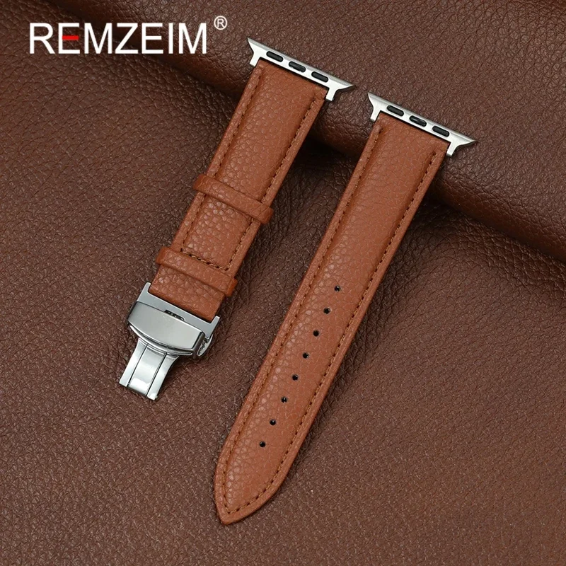 

Men Leather Butterfly Clasp Strap for Apple Watch 38/40/41/42/44/45/46/49mm Bracelet for Iwatch 11 10 9 8 7 6 5 4 3 Ultra SE 3 2