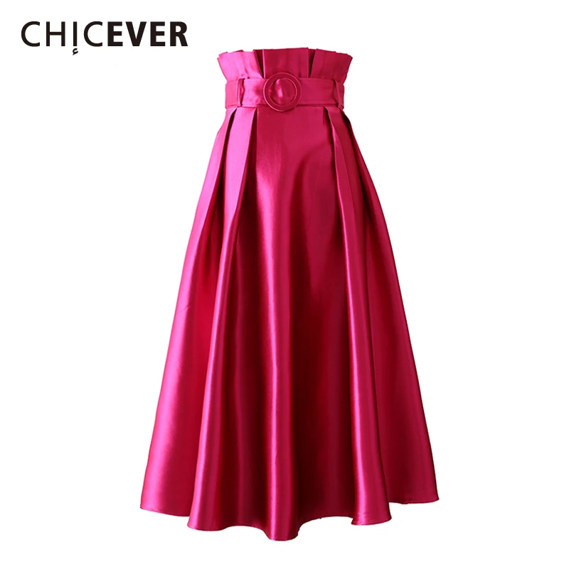 CHICEVER Chic Evening Patchwork Sashes Skirt for Women High Waist Pleated Luxury Designer Satin Skirts Female Spring Clothes New