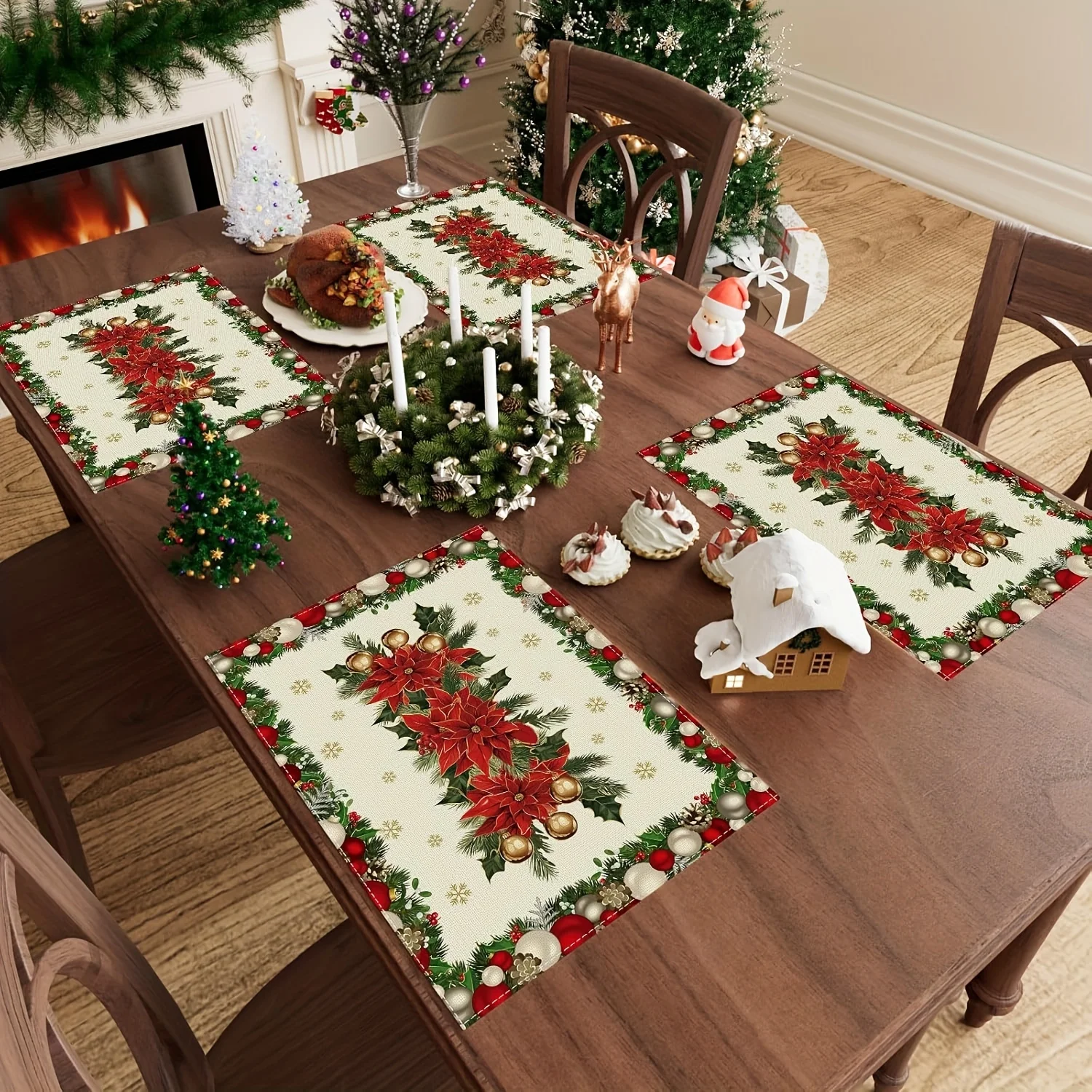VIKAMA 4-Piece American-Style Christmas Placemats Holiday Gathering Family Dining Table Decor Accessories Party Decor