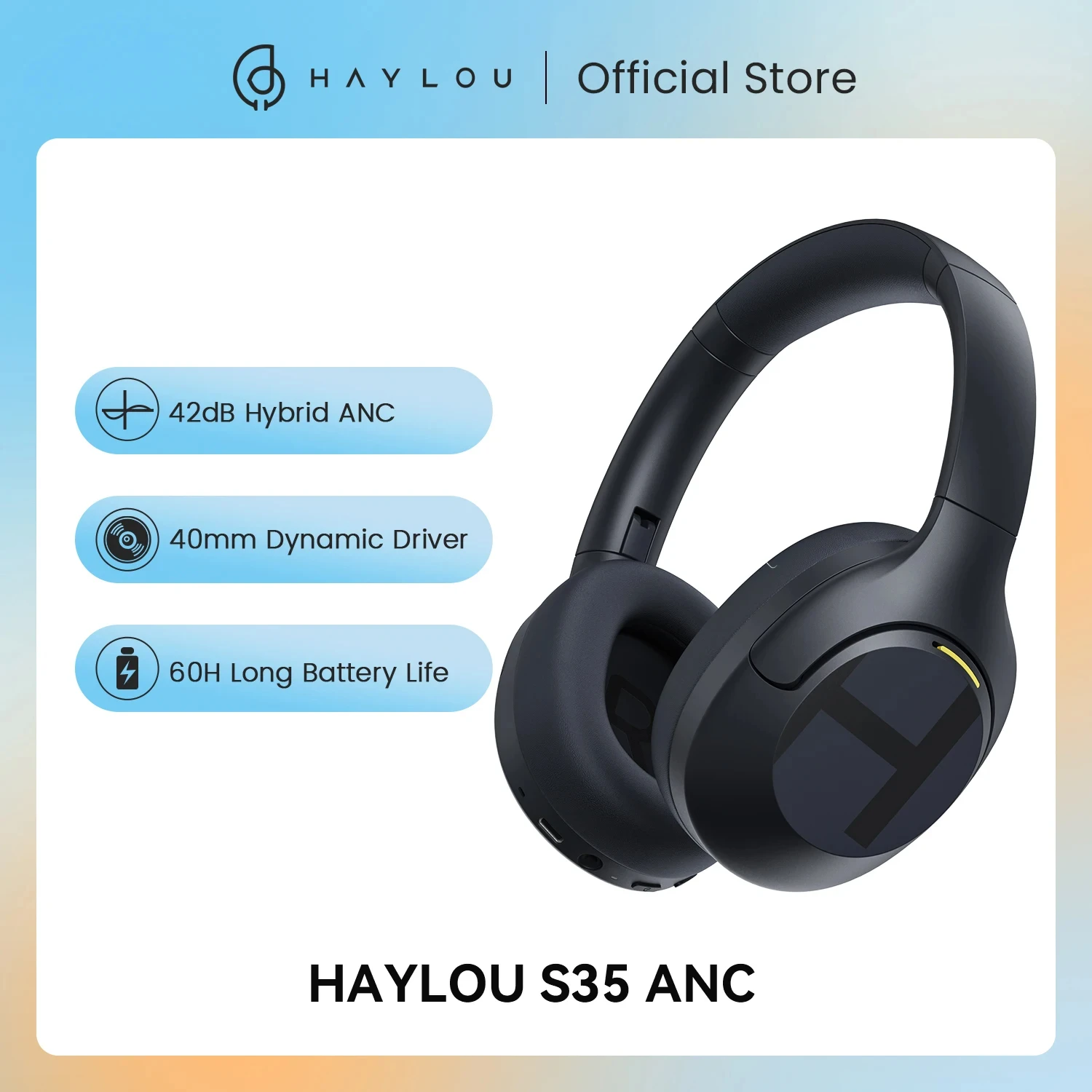 

HAYLOU S35 ANC Wireless Bluetooth 5.2 Headphones 42dB Over-ear Noise Cancellation Headsets 40mm Driver 60H Playtime Earphones