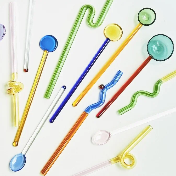 Nordic Color Glass Straw  Lovely Coffee Mixing Bar Design Reusable Straw Long Stem Glass Straw Drinkware Drinking Water Cup