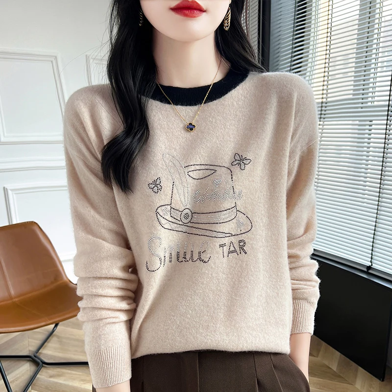 Autumn/Winter New Women's Sweater Hoodie Round Neck Knitted Pure Wool Sweater Loose Long Sleeve Aging Fashion Commuter Versatile