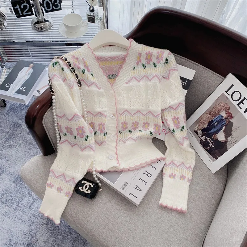 Cárdigan de punto de Jacquard Floral para mujer, suéter elegante coreano de manga larga con cuello en V, Tops cortos, jerséis de punto para mujer