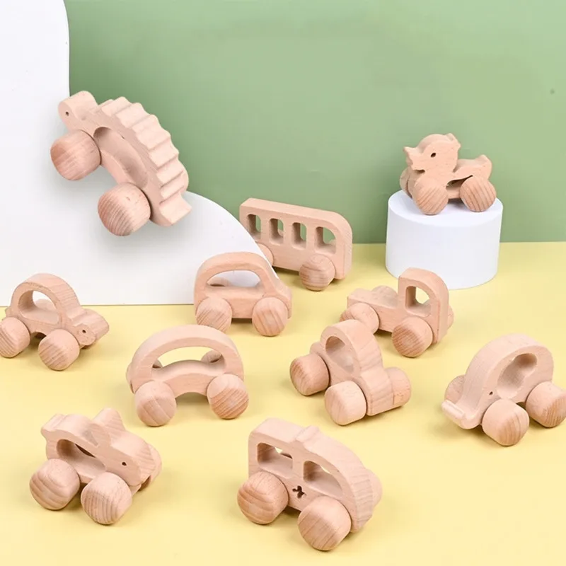 

1pc BPA Free Beech Wooden Baby Rattle Toy Cartoon Push Car Rattle Toys For 0-1 Years Baby Grasping Movement Skill Montessori Toy