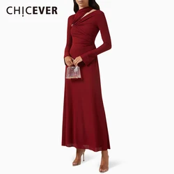 CHICEVER Hollow Elegant Dresses Women Diagonal Long Sleeves High Waist Pleated Slimming Banquet Evening Solid Dress Female New